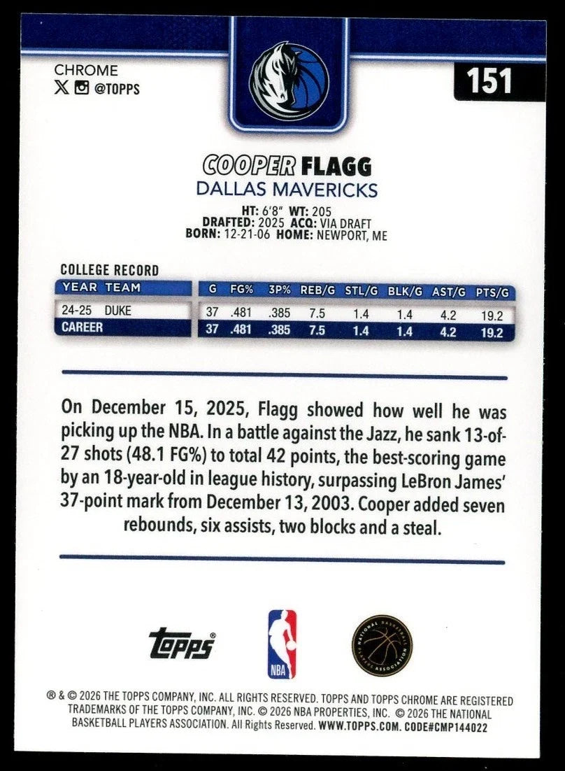 2025-26 Topps Chrome Update Cooper Flagg RC Blue Refractor – Centered
