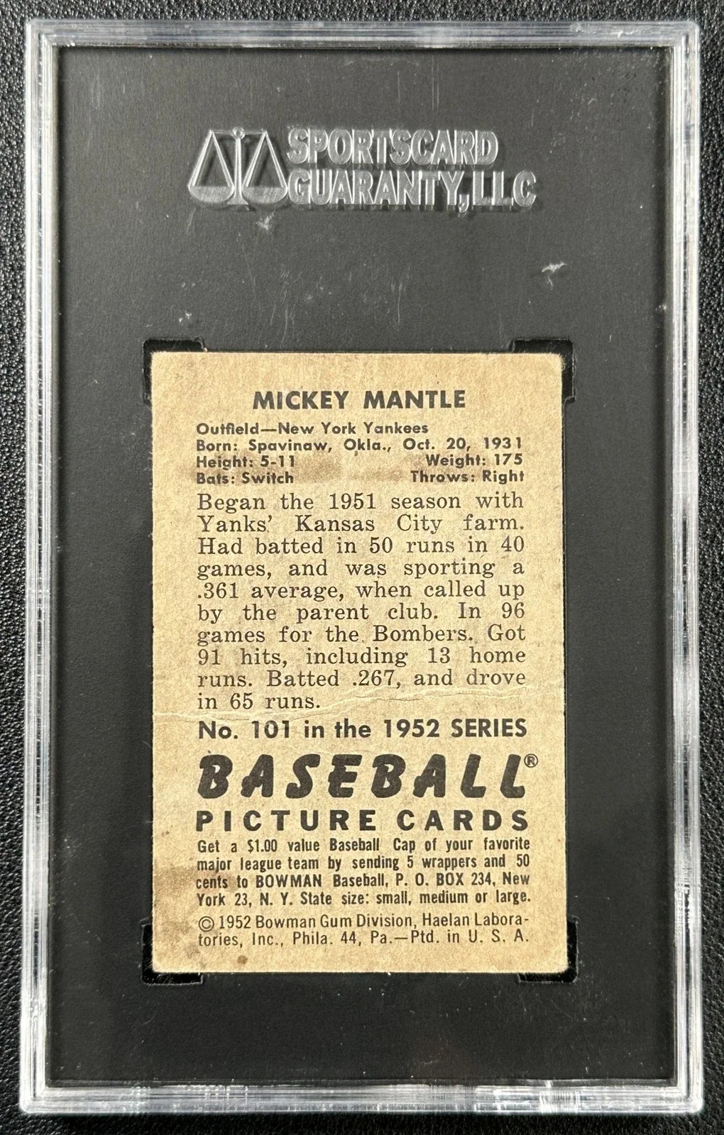 1952 Bowman #101 Mickey Mantle Yankees Baseball Card SGC 2.5