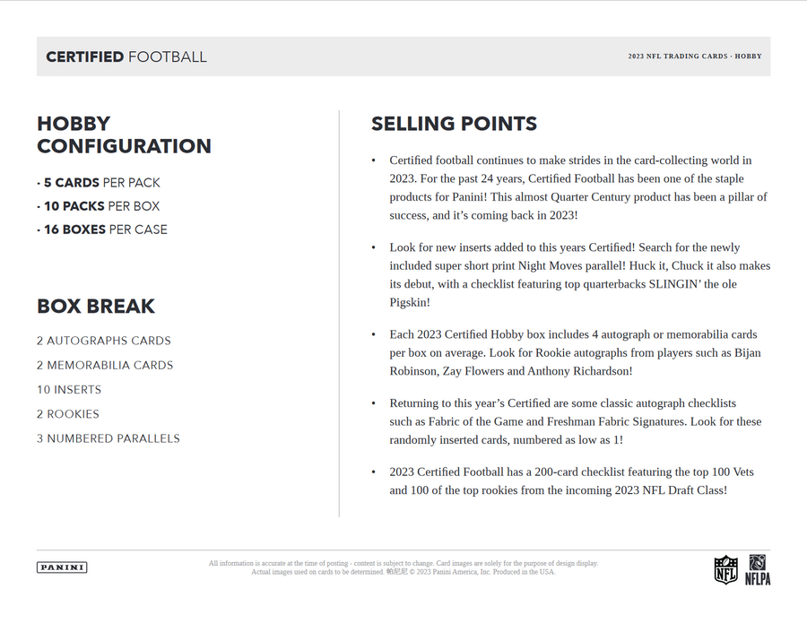 2023 Panini Certified Football Hobby 16 Box Case