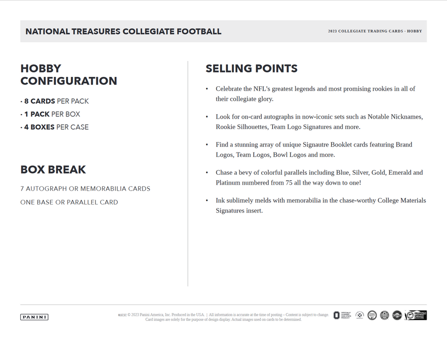 2023 Panini National Treasures Collegiate Football Hobby 4 Box Case