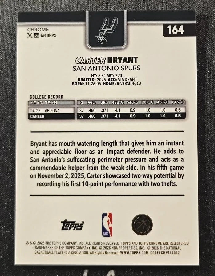 Betterworld - Carter Bryant 2025-26 Topps Chrome Update RC #164 Frozenfractor SSP