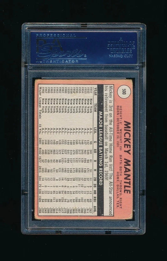 1969 Topps Mickey Mantle #500 White Letter SP Rare Short Print Yankees Card PSA 1