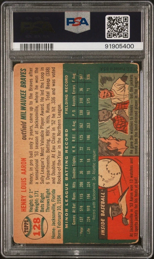 1954 Topps #128 Hank Aaron Rookie Card PSA 2 GD Braves HOF RC